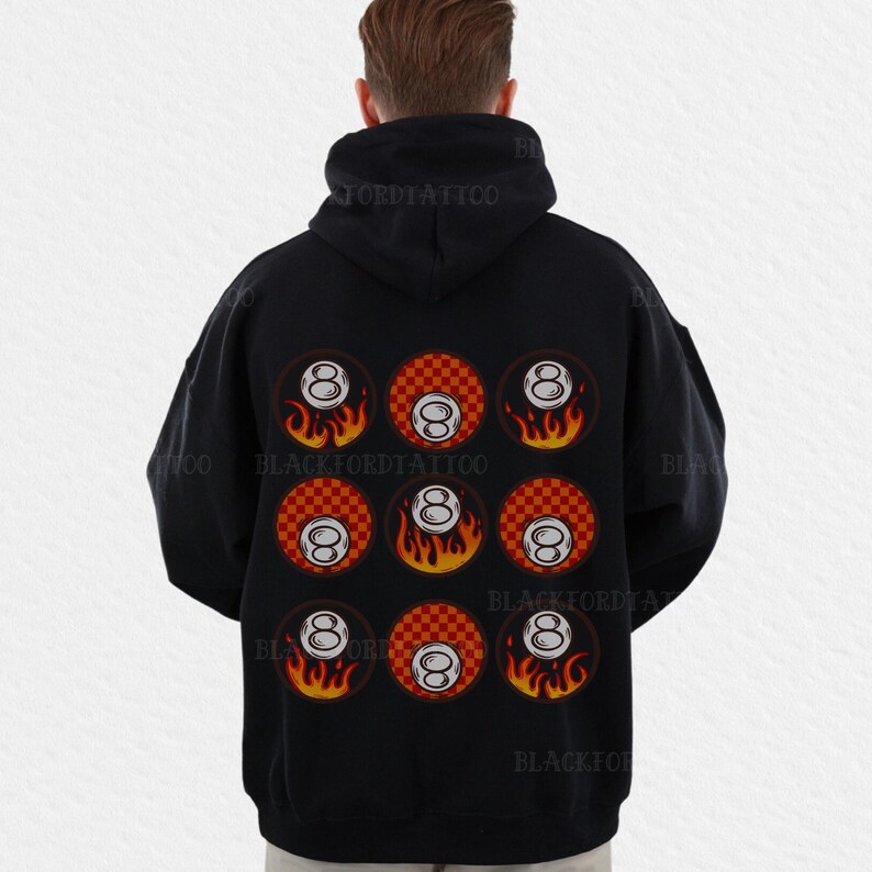 May include: Black hoodie with a design of nine red and white checkered circles with a white eight ball in each circle and flames around each ball.