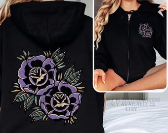 Sudadera con capucha y cremallera con estampado floral de rosas de tatuajes tradicionales, ropa gótica alternativa, ropa urbana gótica, regalo para personas mayores, sudadera emo, regalo para tatuadores