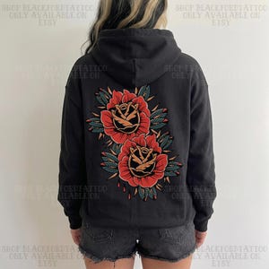 May include: A charcoal gray hooded sweatshirt featuring a large graphic on the back of two red roses with dark green leaves and black outlines. The text SHOP BLACKFORDTATTOO ONLY AVAILABLE ON ETSY is repeated in a faint watermark across the image.