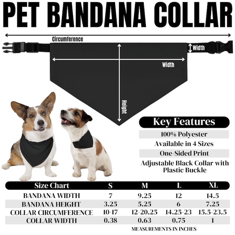 K&ouml;nnte beinhalten: Schwarzes Hunde-Bandana-Halsband mit verstellbarer Kunststoffschnalle, erh&auml;ltlich in 4 Gr&ouml;&szlig;en. Hergestellt aus 100 % Polyester. Das Bild zeigt eine Gr&ouml;&szlig;entabelle mit Ma&szlig;en in Zoll und zwei Hunde, die das Bandana tragen.