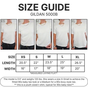 May include: Size guide for Gildan 5000B t-shirts, showing measurements for XS to XL sizes. Lengths range from 20.5" to 26.5", widths from 16" to 20". The model is 5'4" and weighs 120 lbs. The text says this is a youth-sized t-shirt.