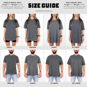May include: Size guide graphic featuring models in gray t-shirts, showcasing different sizes from Small to 2X-Large. The text includes model height and weight information, along with the brand "Comfort Colors 1717".