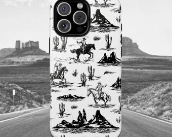 Funda resistente con diseño retro de vaquera costera, vaquera, rodeo, vaquera, color negro, para iPhone 16, 15, 14 y 13, Samsung S24, S23, S22, S21, Pixel Cell Ultra Max Pro Plus