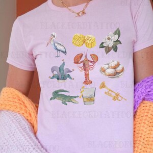 May include: A pink t-shirt with a variety of colorful illustrations of New Orleans themed imagery, including a pelican, a crawfish, a fleur-de-lis, a trumpet, a glass of whiskey, beignets, and corn on the cob.