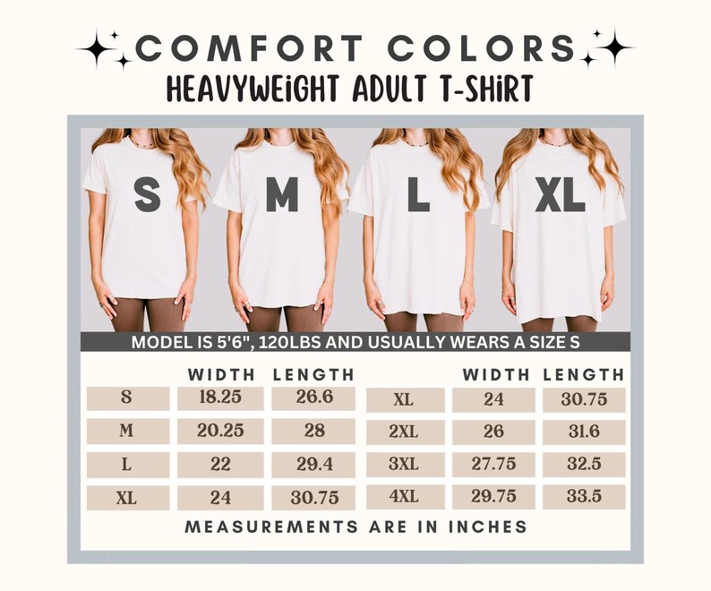 K&ouml;nnte beinhalten: Wei&szlig;e Comfort Colors Heavyweight T-Shirts f&uuml;r Erwachsene in den Gr&ouml;&szlig;en S, M, L und XL werden gezeigt. Das Bild enth&auml;lt eine Gr&ouml;&szlig;entabelle mit Ma&szlig;en in Zoll (1 Zoll = 2,54 cm) f&uuml;r jede Gr&ouml;&szlig;e, einschlie&szlig;lich Breite und L&auml;nge.