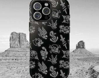 May include: Black phone case with a repeating white tattoo-style pattern. The design includes skulls, anchors, daggers, roses, eagles, and snakes. The case has a glossy finish and a camera lens cutout.