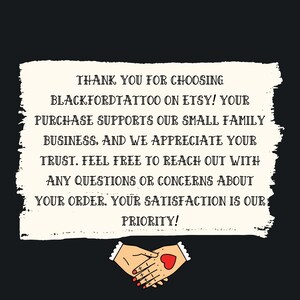 May include: A black background with a white, textured rectangle containing text. The text reads "THANK YOU FOR CHOOSING BLACKFORDTATTOO ON ETSY!" and more. Below the text are two hands shaking with a red heart.