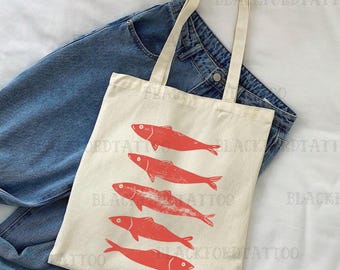 Fisherman Aesthetic Sardine Tote Bag Tinned Fish Ocean Inspired Style Seafood Market Aesthetic Tomato Girl Summer Coastal Granddaughter Bag