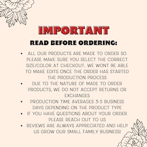 Puede incluir: Informaci&oacute;n importante sobre el pedido de productos personalizados.  Lee antes de ordenar: Todos nuestros productos se hacen por encargo, as&iacute; que aseg&uacute;rate de seleccionar el tama&ntilde;o y el color correctos al finalizar la compra. No podremos realizar cambios una vez que el pedido haya comenzado el proceso de producci&oacute;n. Debido a la naturaleza de los productos hechos por encargo, no aceptamos devoluciones ni cambios. El tiempo de producci&oacute;n es de 3 a 5 d&iacute;as h&aacute;biles en promedio, dependiendo del tipo de producto. Si tienes alguna pregunta sobre tu pedido, ponte en contacto con nosotros. Las rese&ntilde;as siempre son apreciadas y nos ayudan a hacer crecer nuestro peque&ntilde;o negocio familiar!