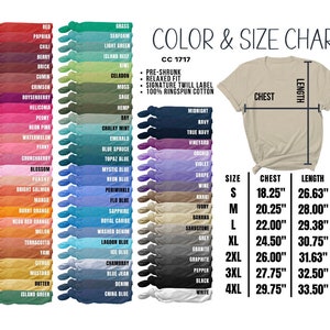 May include: Color and size chart for t-shirts with a variety of colors and sizes. The chart shows the chest and length measurements in inches for sizes S through 4XL.