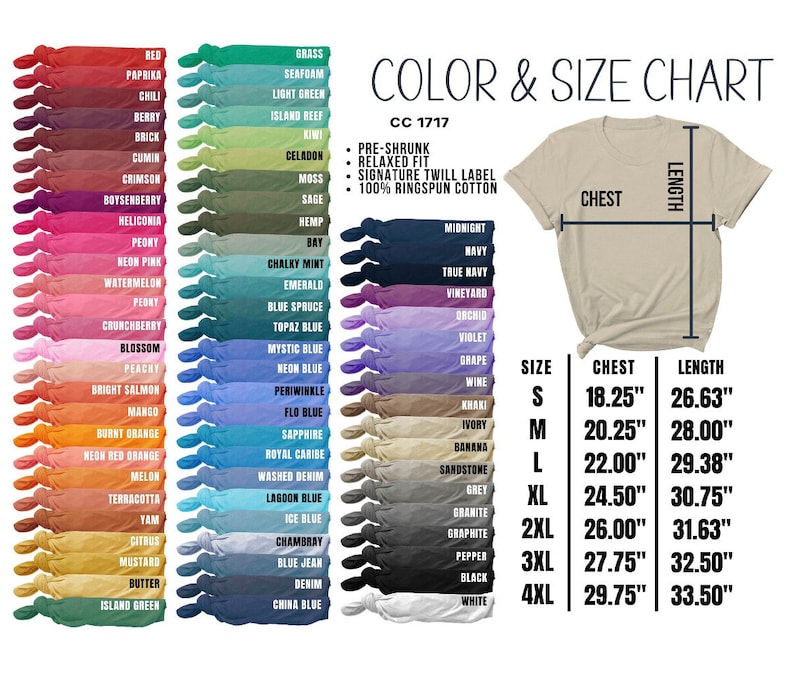 May include: Color and size chart for t-shirts with a variety of colors and sizes. The chart shows the chest and length measurements in inches for sizes S through 4XL.