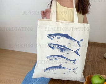 Fisherman Aesthetic Sardine Tote Bag Tinned Fish Ocean Inspired Style Seafood Market Aesthetic Tomato Girl Summer Coastal Granddaughter Bag