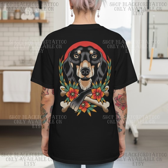 Dachshund Shirt Tattoo Flash TShirt Comfort Colors Alt Grunge Clothing Streetwear Black Tan Wiener Dog Graphic Tee Daschund Shirt Doxie Dog