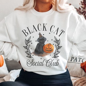 Sweat-shirt d'Halloween nuit étoilée, chat noir, jour national du chat noir, pull chat furtif, chat noir, t-shirt en peluche de l'université de Salem, sorciere
