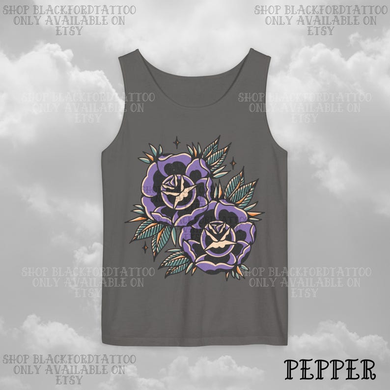 May include: A gray tank top featuring a tattoo-style design of two purple roses with green leaves and yellow accents. The text "SHOP BLACKFORDTATTOO ONLY AVAILABLE ON ETSY" is printed around the top. The word "PEPPER" is printed at the bottom.