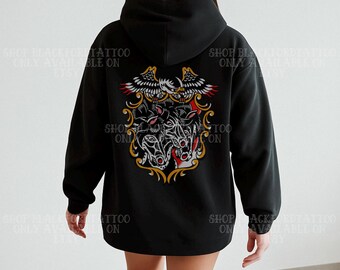 Sudadera con capucha y estampado de tatuajes de faraones y caballos, estilo grunge alternativo, ropa urbana gótica, regalo para mamás emo, camiseta gótica de brujas, tendencia principal de otoño