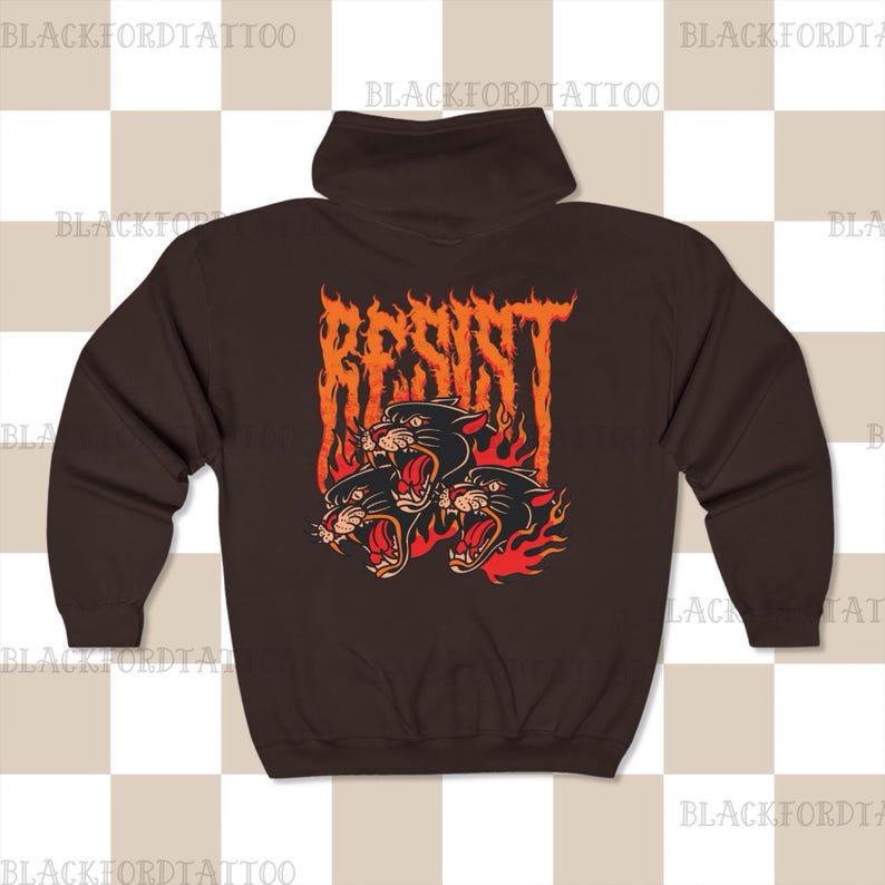 May include: A brown hooded sweatshirt with a graphic print of three black panthers with flames and the word "RESIST" in orange.