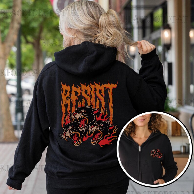 May include: Black hooded sweatshirt with a graphic of three black panther heads in flames with the word "RESIST" in a metal font above them.