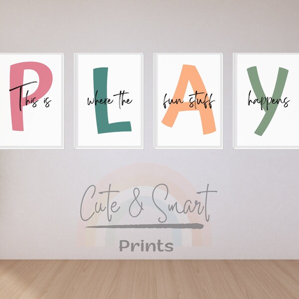 Play Wall Art, Set of Four,This Is Where The Fun Stuff Happens Set Prints Playroom Decor,Nursery Gift, Kids Room Wall Decor, Let's Play Sign