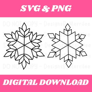 May include: Two black and white snowflake designs. One has leaf-like shapes, the other geometric. The text "SVG & PNG" is at the top, and "DIGITAL DOWNLOAD" is at the bottom, both in white on a pink background.