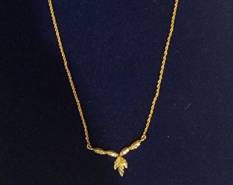 Gold Tone Crystal Leaf Pendant Necklace by Avon | 19-Inches | Vintage |