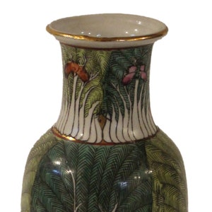 Vintage Japanese Ceramic Vase Decorated in Hong Kong - Butterflies and Cabbage Leaf Design, Hand Painted, Circa 1900s