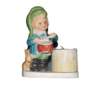 Vintage Luvkins Little Drummer Boy Candle Holder, Ceramic Molded and Hand Painted, Christmas, Circa Mid to Late 1900s, 4.75&quot;H x 3.5&quot;W