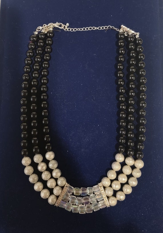 Triple Stand Black, Silver, and Clear Beaded Neckl