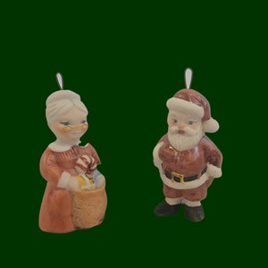 Vintage Santa and Mrs. Claus 2.5 Inch Ceramic Christmas Ornaments, Circa Mid 1900s