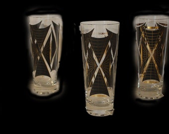 Set of 6 Vintage Federal Glass Atomic Period Highball Glasses in 22K Gold on Black Enamel