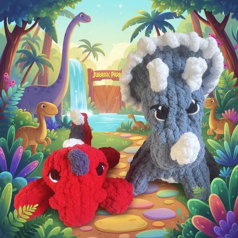 K&ouml;nnte beinhalten: Zwei geh&auml;kelte Dinosaurier-Spielzeuge, ein rotes und ein blaues Triceratops, liegen auf einem bunten Weg. Der Hintergrund zeigt eine Cartoon-Illustration eines Wasserfalls, Palmen und ein Schild mit der Aufschrift "Jurassic Park".