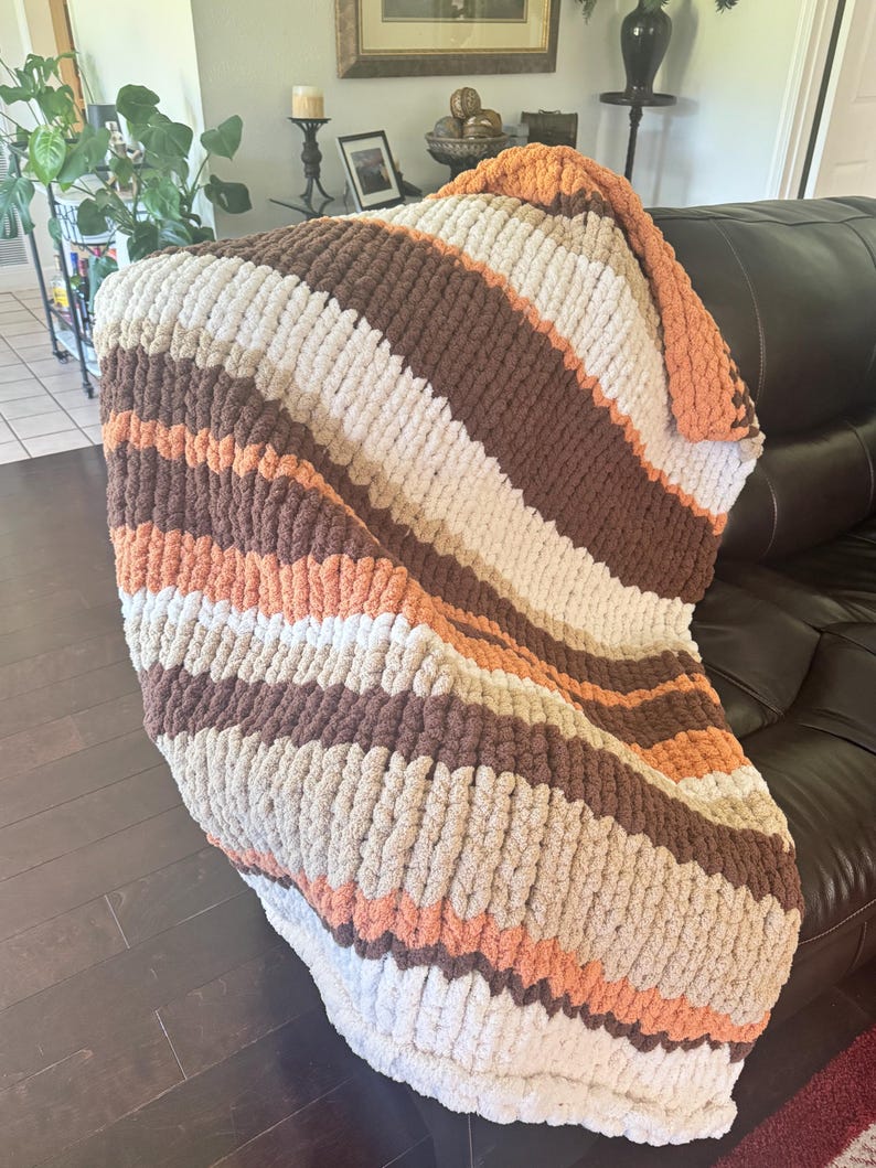 Handmade Striped Chunky Knit Throw Blanket: Soft Chenille BOHO Decor image 13