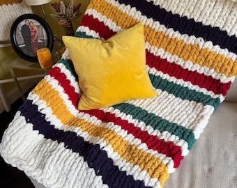 Handmade Chunky Knit Throw Blanket: Hudson Bay Inspired Soft Chenille, Boho Decor