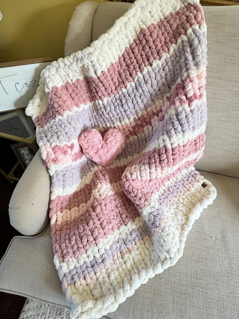 Handmade Striped Chunky Knit Throw Blanket: Soft Chenille BOHO Decor image 1