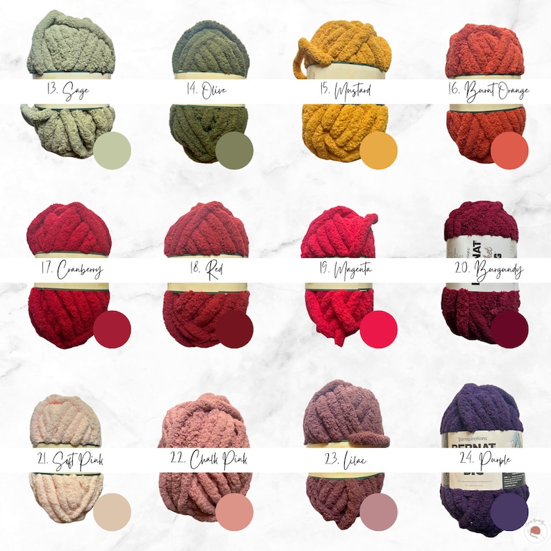 May include: A collection of Bernat brand yarn in various colors, including sage, olive, mustard, burnt orange, cranberry, red, magenta, burgundy, soft pink, chalk pink, lilac, and purple. Each skein is labeled with its color name and number.