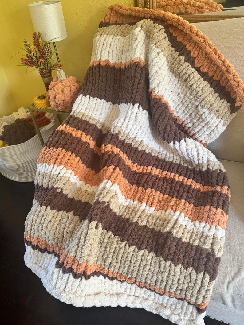 Handmade Striped Chunky Knit Throw Blanket: Soft Chenille BOHO Decor image 10