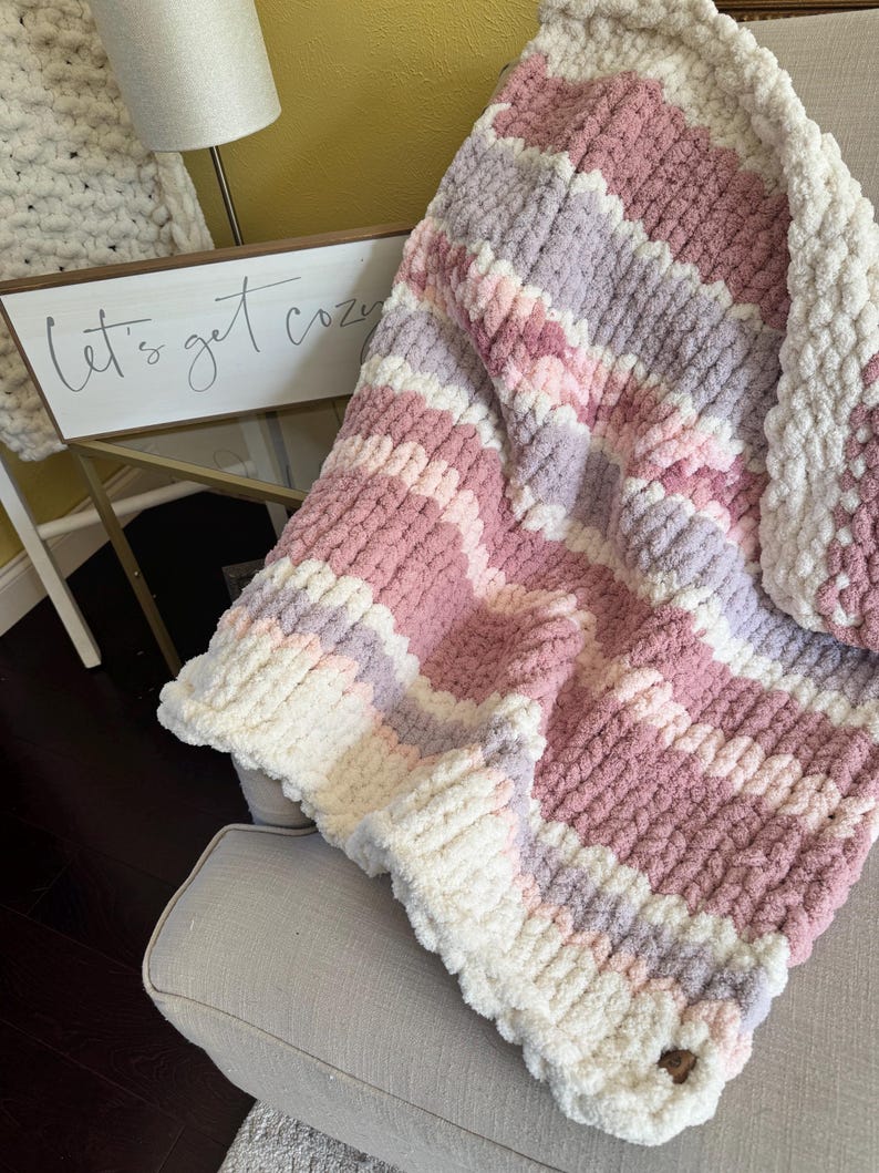 Handmade Striped Chunky Knit Throw Blanket: Soft Chenille BOHO Decor image 3