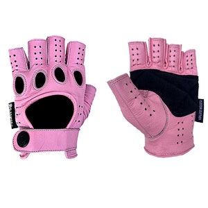 Designer Premium Leather Driving Motorcycle Gloves - Fingerless Finger Cut PINK