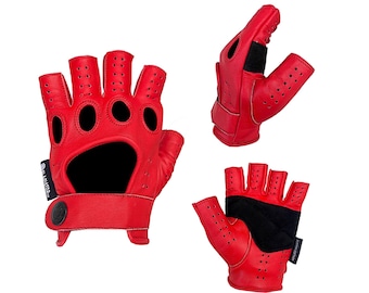 Men's Premium Leather Designer Driving Motorcycle Gloves - Fingerless Finger Cut Red