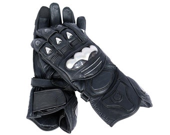 Leather Gauntlet Motorcycle Gloves: Carbon Steel Knuckle Protection