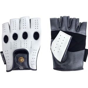 Men's Premium Leather Designer Driving Motorcycle Gloves - Fingerless Finger Cut White