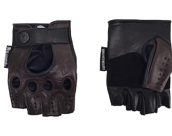 Guanti da moto da guida di design da uomo in pelle premium - Taglio senza dita MARRONE