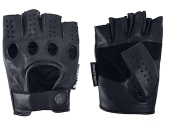 Men's Premium Leather Designer Driving Motorcycle Gloves - Fingerless Finger Cut Black