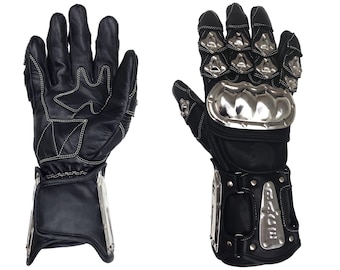 Motorcycle Gauntlet Leather Gloves Stainless Steel Men's Touchscreen Medieval