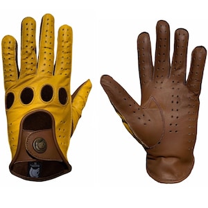 Designer Driving Gloves YELLOW COGNAC Leather with Reverse Stitching