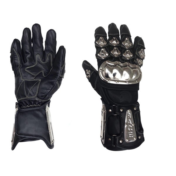 Motorcycle Gauntlet Leather Gloves Stainless Steel Men's Touchscreen