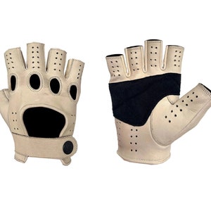 Guantes de motociclismo de cuero premium para hombre - Sin dedos, corte en los dedos, color crema