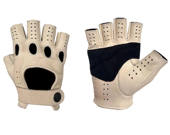 Men's Cream Leather Fingerless Driving Gloves – Padded Motorcycle Gloves