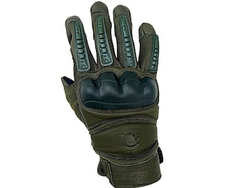May include: Green tactical gloves with knuckle protection and a black leather palm. The gloves have a green mesh back and a black logo that says "ADVANCE" on the wrist.