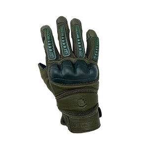 May include: Green tactical gloves with knuckle protection and a black leather palm. The gloves have a green mesh back and a black logo that says "ADVANCE" on the wrist.